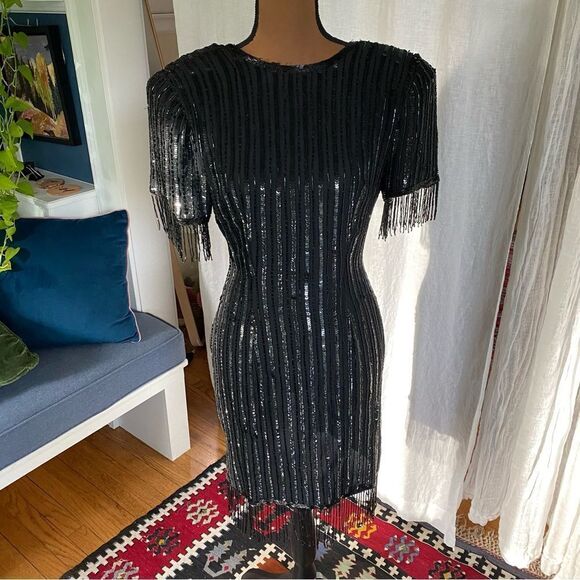 Vintage Silk Beaded Sequin Fringe Dress - Picture 1 of 9